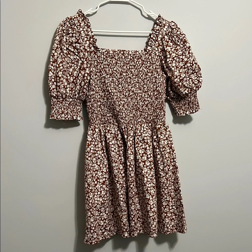 NWOT Floral Brown Puff Sleeve Dress - Picture 1 of 3